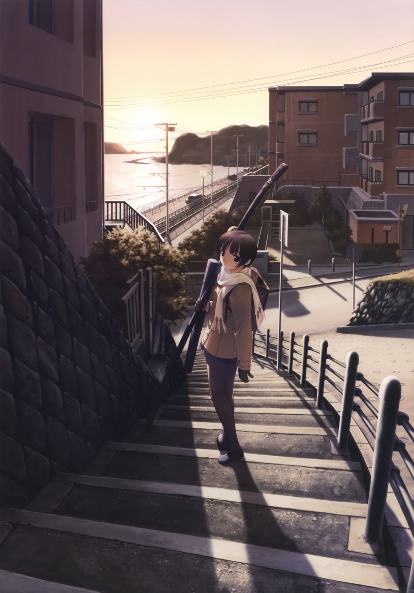 1girl absurdres building coat highres ichinose_mio landscape pantyhose power_lines railing railroad_tracks scarf stairs stairway stone_wall sunset wall white_breath