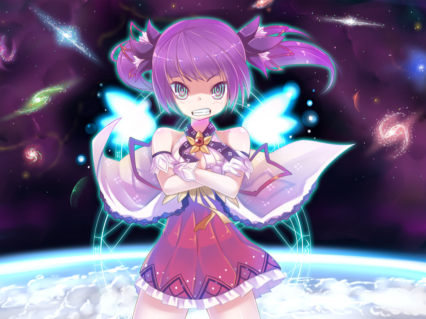 aisha_(elsword) angry bad_id bad_pixiv_id bare_shoulders battle_magician_(elsword) clenched_teeth crossed_arms dexp elsword galaxy gloves gunbuster_pose highres long_hair magic_circle parody planet purple_eyes purple_hair purple_skirt skirt solo space teeth twintails