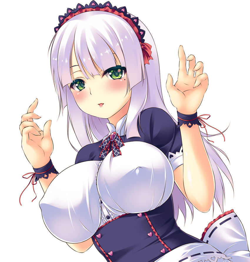 apron blush bow breasts buttons corset covered_nipples green_eyes hair_bow hands_up heart highres impossible_clothes impossible_shirt iroha_(unyun) large_breasts long_hair looking_at_viewer maid maid_headdress mole mole_under_eye open_mouth original ribbon shirt silver_hair simple_background solo upper_body waist_apron white_background wrist_cuffs wrist_ribbon