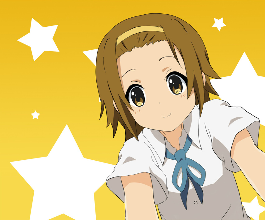 bad_id bad_pixiv_id brown_eyes brown_hair hairband inaka_gyomin k-on! looking_at_viewer pov school_uniform short_hair tainaka_ritsu yellow_hairband