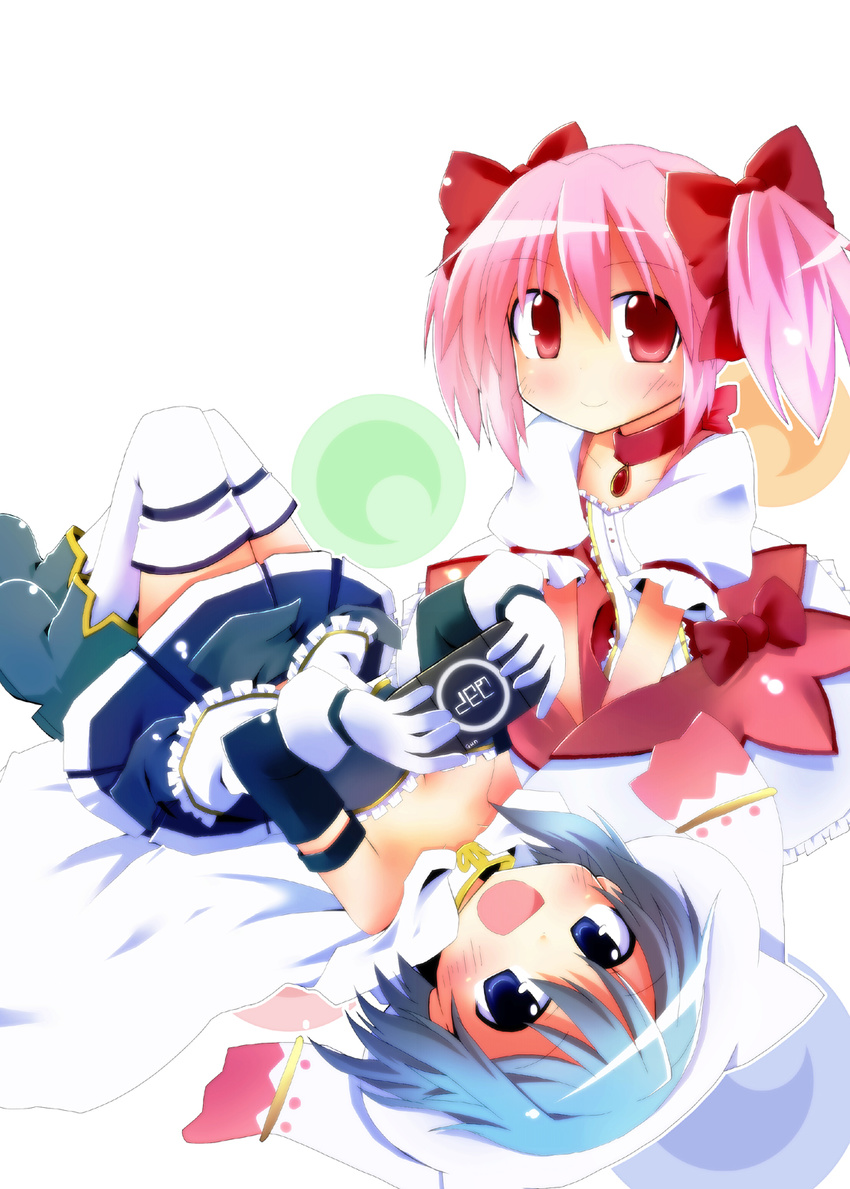 :d armband bed_sheet blue_eyes blue_hair bow cameo cape gloves hair_bow handheld_game_console highres kaname_madoka looking_at_viewer lying magical_girl mahou_shoujo_madoka_magica miki_sayaka multiple_girls on_back open_mouth pillow pink_eyes pink_hair playstation_portable short_hair short_twintails sitting smile thighhighs twintails white_background yuuhi_alpha zettai_ryouiki