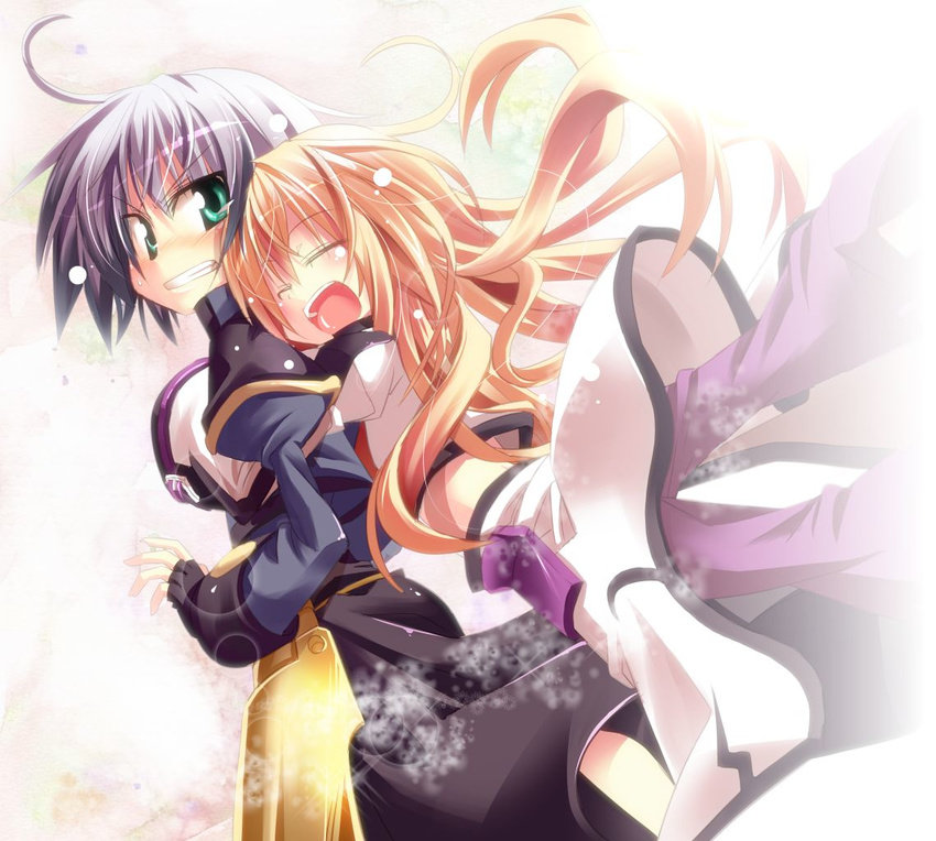 blonde_hair blush closed_eyes fingerless_gloves gloves green_eyes hug hug_from_behind kazekawa_nagi long_hair long_sleeves looking_back lyrical_nanoha mahou_shoujo_lyrical_nanoha mahou_shoujo_lyrical_nanoha_a's mahou_shoujo_lyrical_nanoha_a's_portable:_the_battle_of_aces mahou_shoujo_lyrical_nanoha_a's_portable:_the_gears_of_destiny material-d multiple_girls open_mouth puffy_sleeves short_hair silver_hair u-d