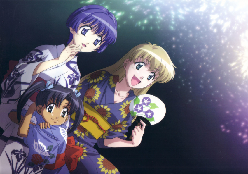 :d aerial_fireworks ai_yori_aoshi aqua_eyes black_hair blonde_hair blue_eyes blue_hair crossed_arms dutch_angle fan fang fireworks floral_print highres japanese_clothes kimono long_hair minazuki_chika multiple_girls nakayama_yumi night night_sky obi official_art open_mouth paper_fan sakuraba_aoi sash short_hair sky smile tina_foster twintails uchiwa yukata