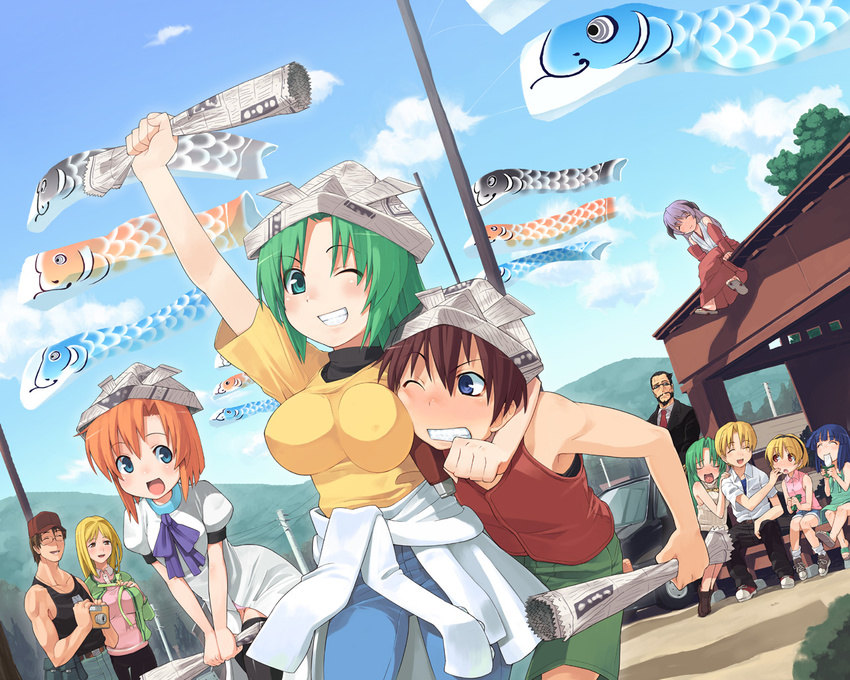 6+girls artist_request beard blonde_hair blue_hair blush breast_squeeze breasts brown_hair camera closed_eyes covered_nipples everyone facial_hair furude_rika green_hair grin hanyuu hat higurashi_no_naku_koro_ni horns houjou_satoko houjou_satoshi impossible_clothes impossible_shirt kasai_tatsuyoshi kashiwa_mochi_(food) kodomo_no_hi koinobori large_breasts long_hair maebara_keiichi multiple_boys multiple_girls newspaper one_eye_closed open_mouth orange_hair origami panties paper_hat paper_kabuto purple_hair ryuuguu_rena shirt short_hair siblings sisters smile sonozaki_mion sonozaki_shion takano_miyo tank_top thighhighs tomitake_jirou twins underwear wince zongzi