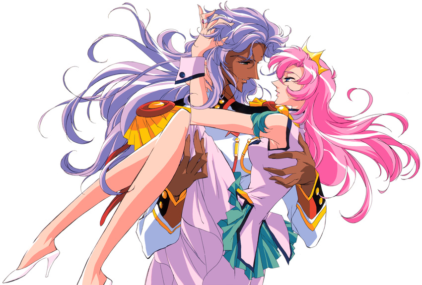 1girl 90s aiguillette artist_request blue_eyes carrying highres jewelry long_hair official_art ootori_akio pink_hair prince princess princess_carry ring shoujo_kakumei_utena tenjou_utena white_background wrist_cuffs