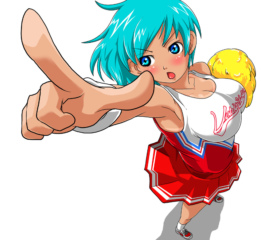 aqua_hair armpits bikini_tan blue_eyes blush breasts cheerleader cleavage copyright_request dark_skin foreshortening from_above large_breasts pointing pom_poms redlark simple_background solo tan tanline vector_trace white_background