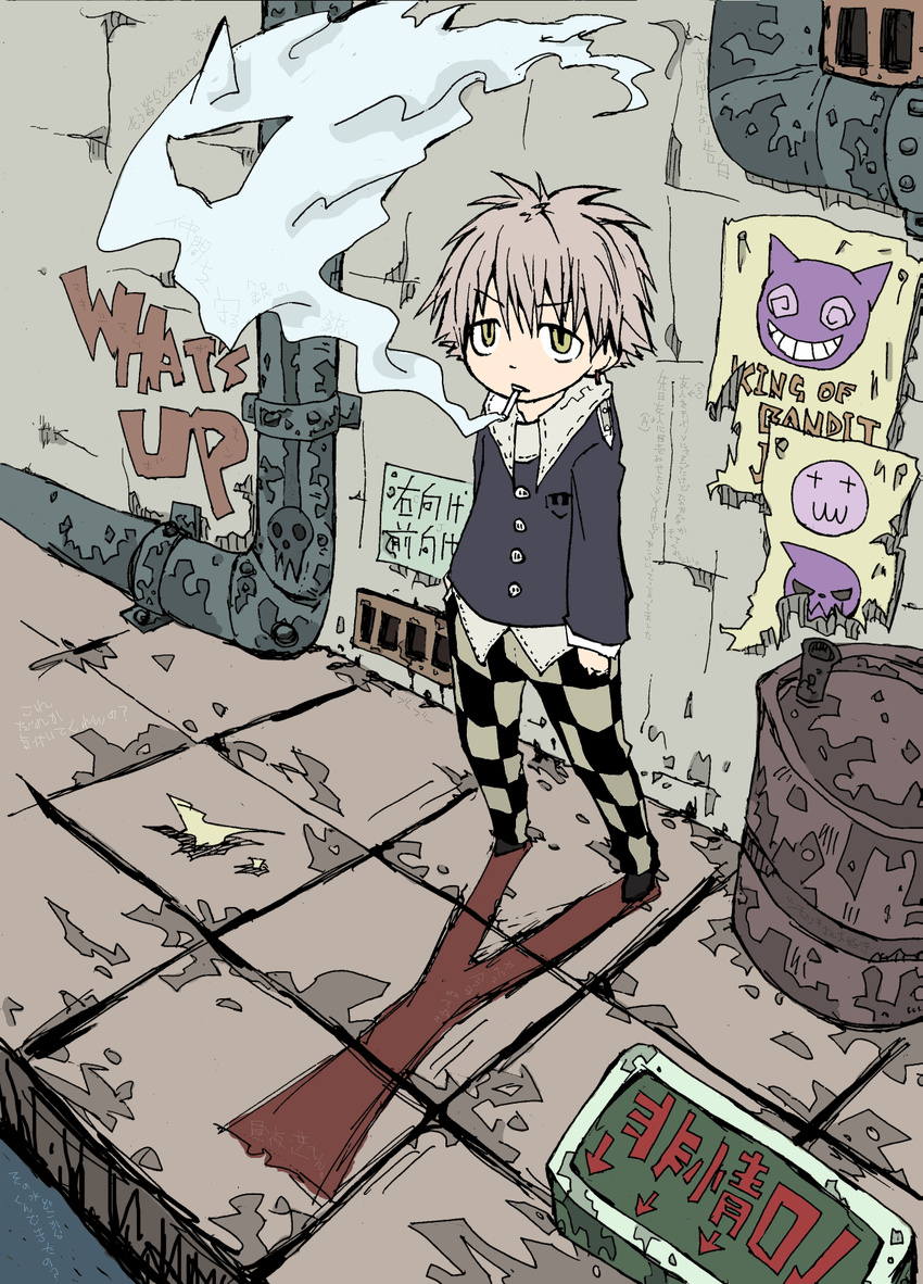 b_ichi bad_id bad_pixiv_id child cigarette english graffiti highres poster_(object) road smoke smoking solo street toonaka urban