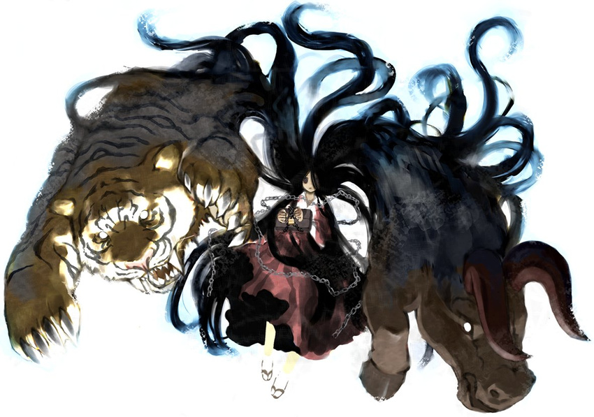 bad_id bad_pixiv_id black_hair brown_eyes bull chain copyright_request cuffs fangs horns japanese_clothes long_hair monster_girl shiden_(t41xz) solo tiger very_long_hair