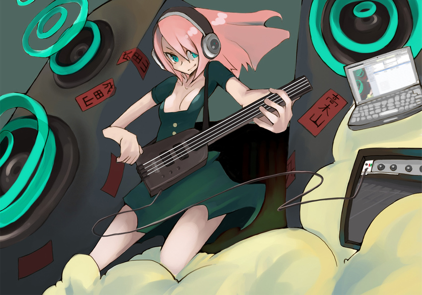 amplifier bass_guitar breasts cleavage computer dress green_eyes headphones instrument laptop long_hair medium_breasts original pink_hair smile solo steinberger takagi_(tansuke) tansuke