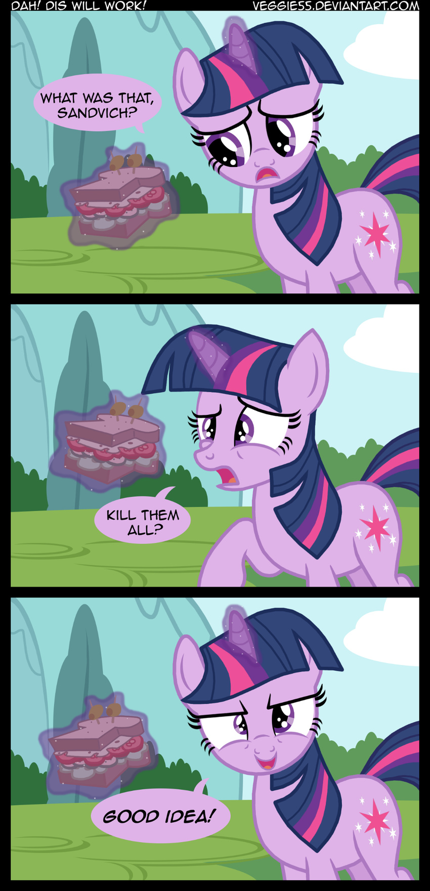bush cheese comic cucumber cucumbers cutie_mark dialog dialogue english_text equine female feral food friendship_is_magic horn horse lettice lettuce looking_at_viewer magic mammal my_little_pony olive outside pony possessed sandvich_(team_fortress_2) sandwich_(food) sanwich sky solo text tomato tree twilight_sparkle_(mlp) unicorn veggie55 wood