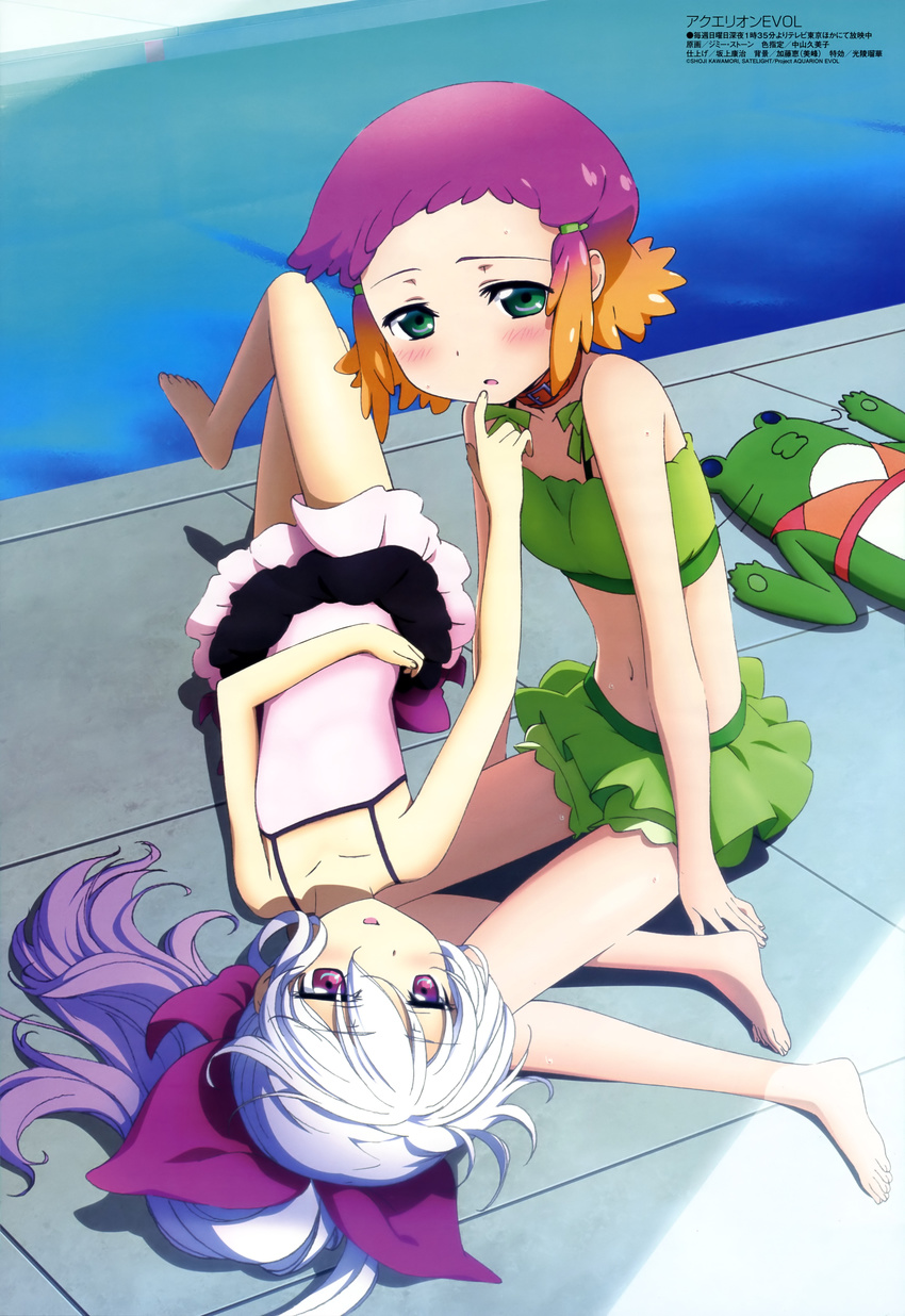 absurdres aquarion_(series) aquarion_evol barefoot blush bow crea_dorosera crossed_legs feet finger_to_another's_mouth gradient_hair green_eyes hair_bow highres jimmy_stone lying megami multicolored_hair multiple_girls navel official_art one-piece_swimsuit open_mouth pool poolside purple_eyes purple_hair scan sitting stuffed_animal stuffed_frog stuffed_toy swimsuit tama_(aquarion) upside-down water yokozuwari yunoha_thrul