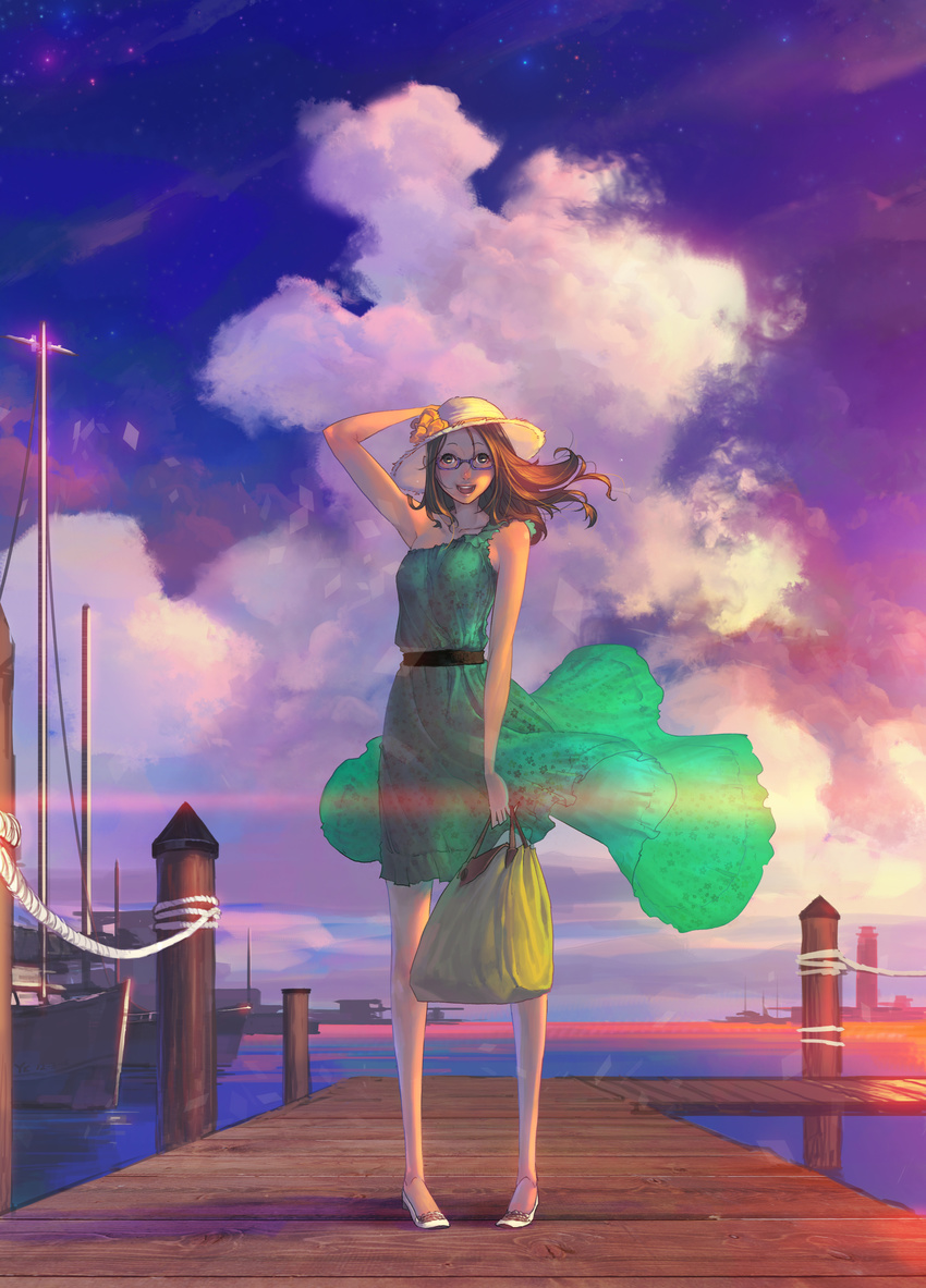 absurdres boat cloud dock dress glasses hat highres original scenery sky solo star_(sky) sunset water watercraft yelansu