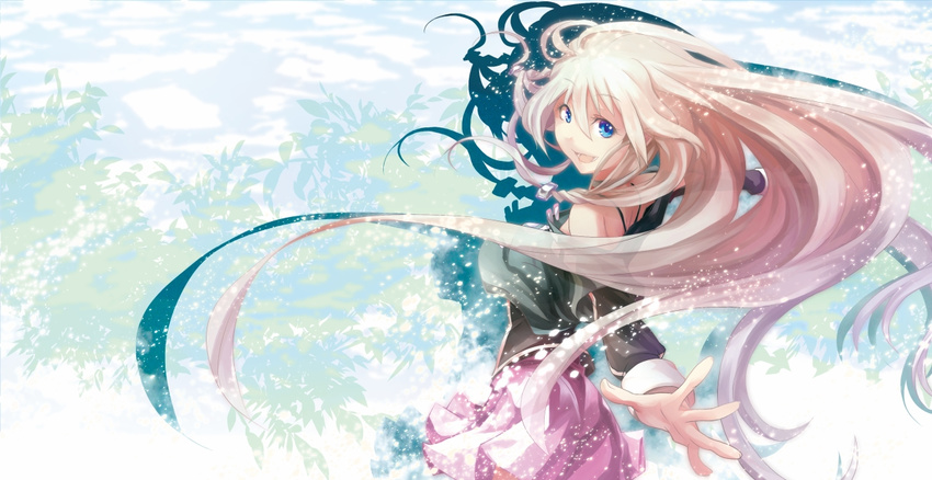 black_bra blonde_hair blue_eyes bra braid hair_ornament ia_(vocaloid) k2pudding lingerie long_hair looking_back off_shoulder open_mouth outstretched_arms shirt silhouette skirt smile solo underwear vocaloid