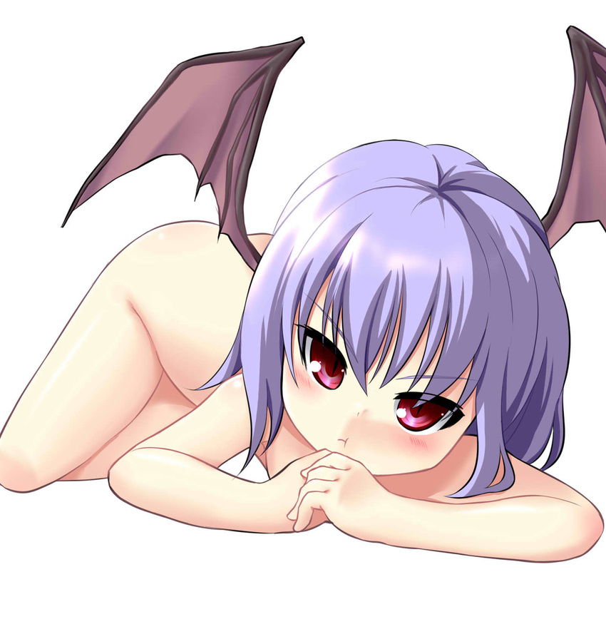 :t bad_id bad_pixiv_id bat_wings blue_hair child highres hikataso lying nude on_stomach pout red_eyes remilia_scarlet short_hair slit_pupils solo touhou white_background wings