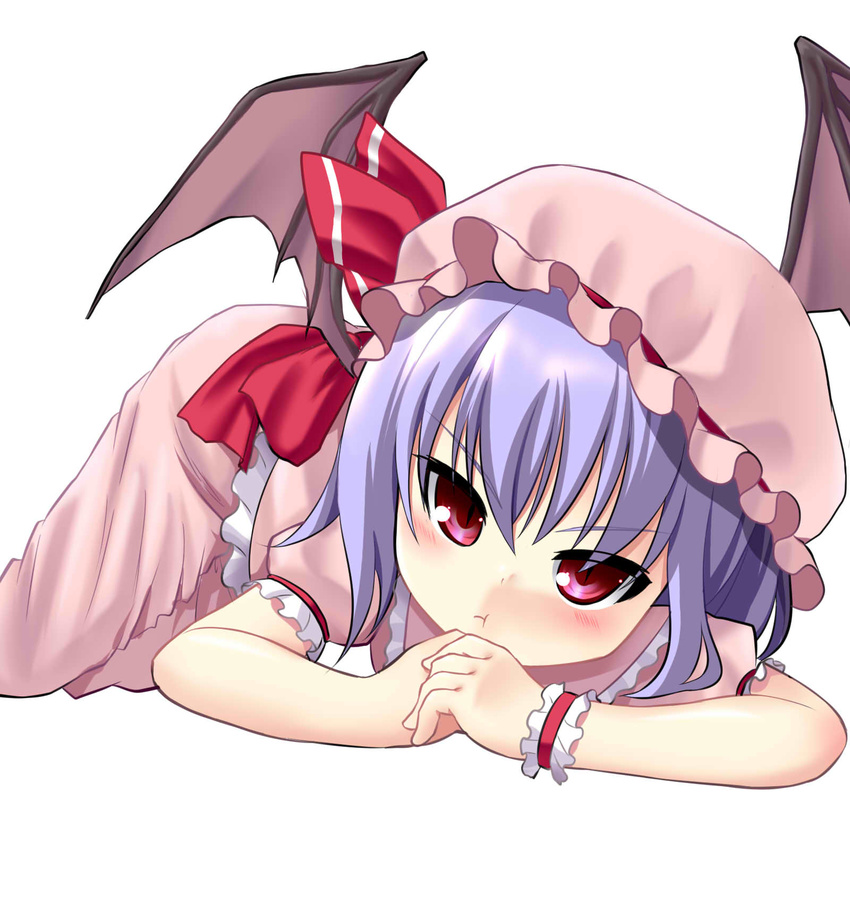 :t bad_id bad_pixiv_id bat_wings blue_hair child hat hat_ribbon highres hikataso lying on_stomach pout red_eyes remilia_scarlet ribbon shirt short_hair skirt skirt_set slit_pupils solo touhou wings wrist_cuffs