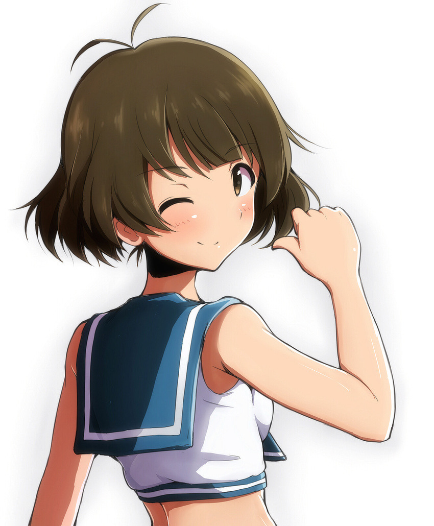 akizuki_ryou antenna_hair bare_shoulders bikini blush brown_eyes brown_hair crossdressing from_behind highres idolmaster idolmaster_dearly_stars looking_back male_focus one_eye_closed otoko_no_ko rariemonn sailor sailor_bikini sailor_collar sailor_swimsuit_(idolmaster) short_hair smile solo swimsuit thumbs_up