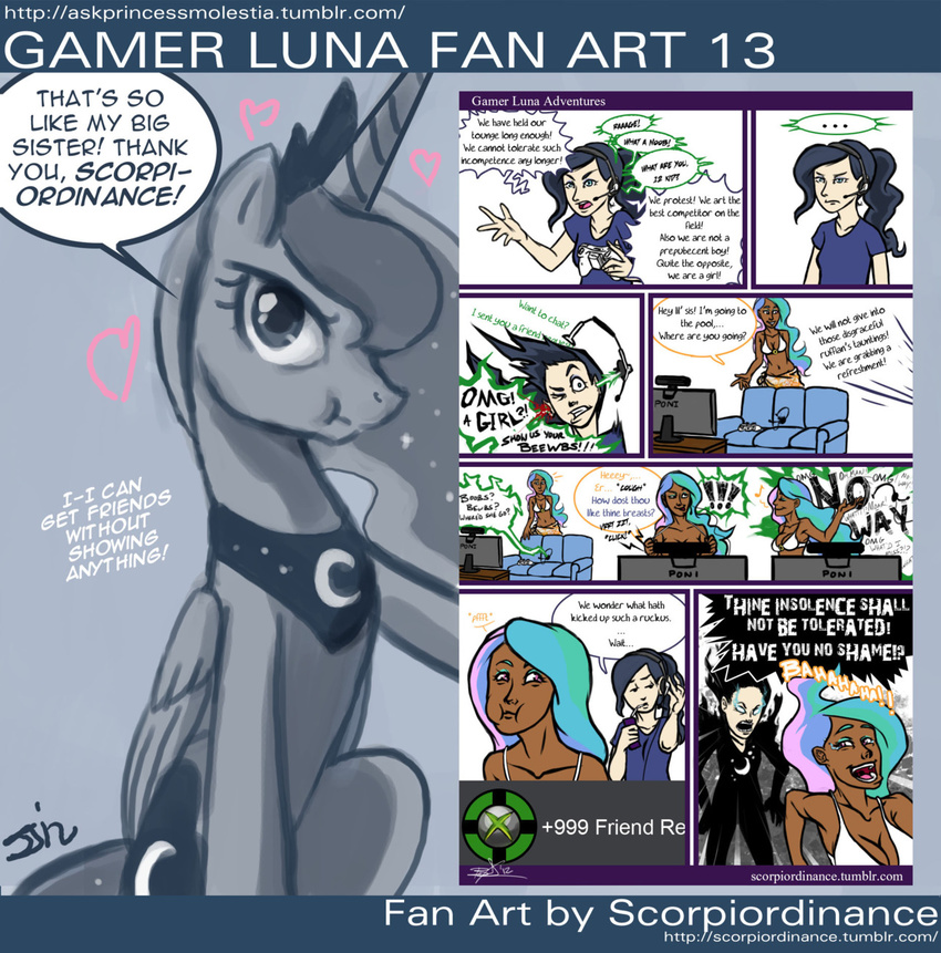 &hearts; angry big_breasts blood blush breasts censored comic crown cute dark_skin english_text equine female feral friendship_is_magic hair horn horse human humanized john_joseco laugh mammal microsoft my_little_pony pony princess_celestia_(mlp) princess_luna_(mlp) text tumblr winged_unicorn wings xbox