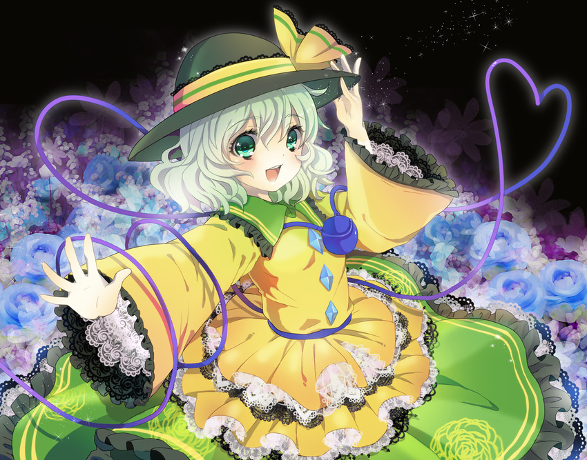 blue_flower blue_rose bow embellished_costume flower frilled_skirt frilled_sleeves frills green_eyes green_hair hand_on_headwear hat hat_bow heart heart_of_string komeiji_koishi open_mouth outstretched_hand rontarou rose skirt solo third_eye too_many too_many_frills touhou