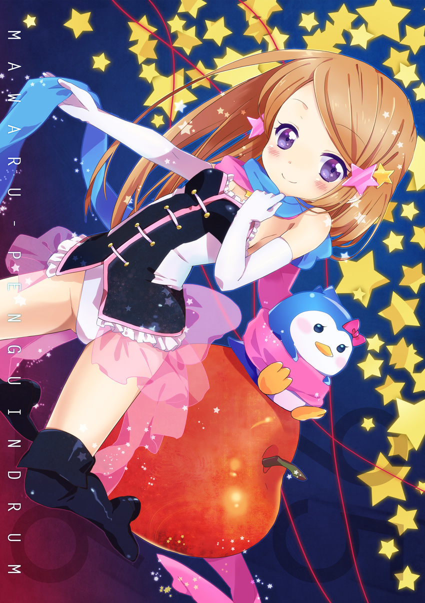 absurdres apple bad_id bad_pixiv_id bird boots brown_hair copyright_name food fruit hair_ornament highres holding knee_boots leotard long_hair looking_at_viewer mawaru_penguindrum penguin penguin_3-gou purple_eyes sakuro scarf smile star takakura_himari