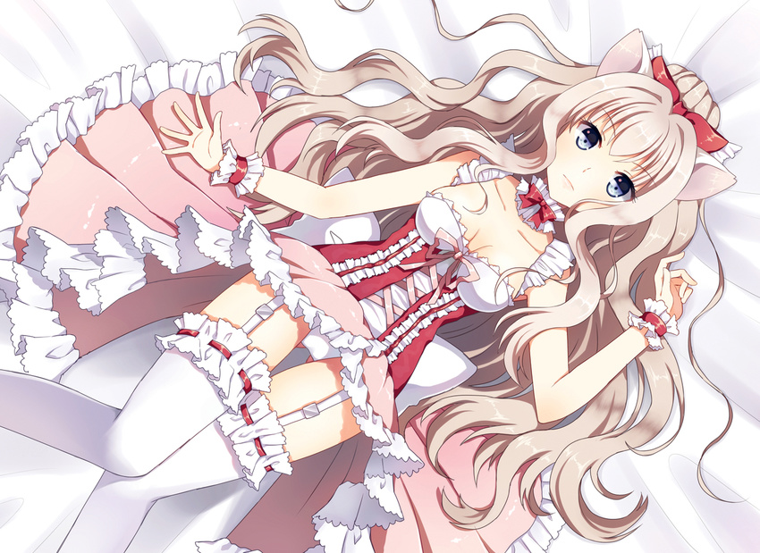 animal_ears blue_eyes bow breasts brown_hair cat_ears dress garter_straps hair_bow long_hair lying mauve original panties small_breasts solo thighhighs underwear white_legwear white_panties wrist_cuffs