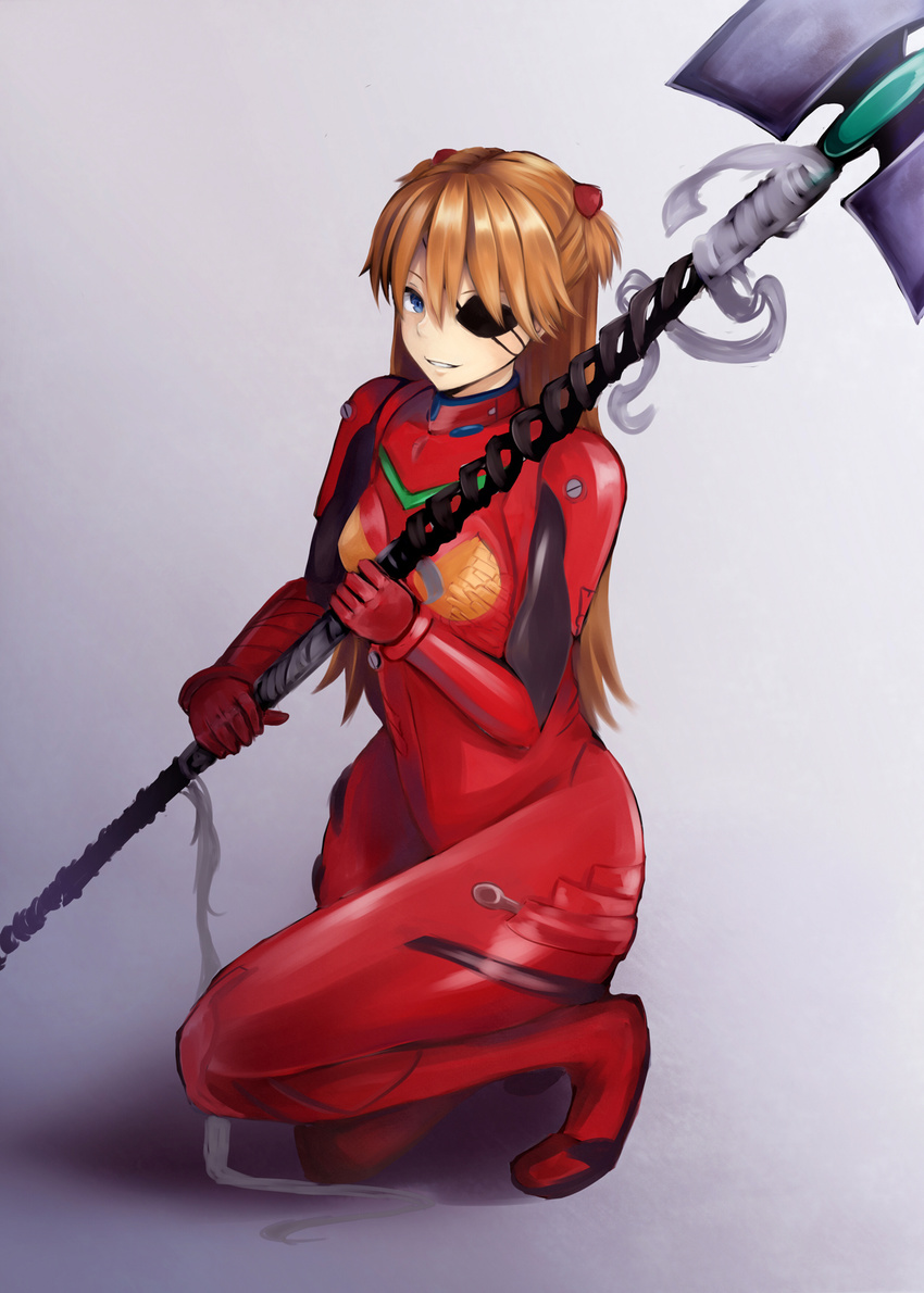 bad_id bad_pixiv_id bangs blue_eyes bodysuit breasts evangelion:_3.0_you_can_(not)_redo eyepatch from_side gem gradient gradient_background grey_background grin hair_between_eyes hair_ornament headgear highres hips holding holding_weapon irohasu long_hair looking_at_viewer neon_genesis_evangelion one_knee orange_hair parted_bangs pilot_suit plugsuit polearm rebuild_of_evangelion shadow shikinami_asuka_langley small_breasts smile solo souryuu_asuka_langley spear spear_of_cassius tape thighs tiptoes turtleneck two_side_up weapon