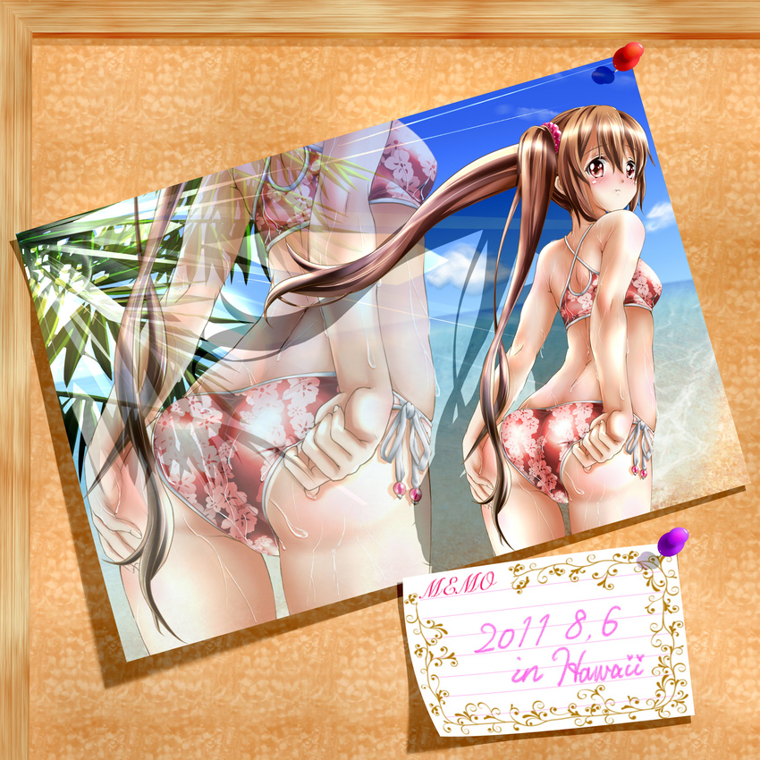 absurdres adjusting_clothes adjusting_swimsuit bad_id bad_pixiv_id beach bikini blush brown_hair cloud corkboard dated day from_behind highres long_hair looking_at_viewer looking_back original photo_(object) side-tie_bikini sky solo swimsuit tamiteddoo_(teaspoon0204) twintails very_long_hair zoom_layer