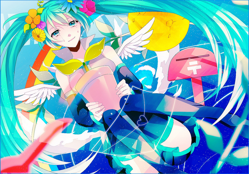 achiki aqua_eyes aqua_hair bad_id bad_pixiv_id flower hair_flower hair_ornament hatsune_miku hello_planet_(vocaloid) long_hair looking_at_viewer pot skirt smile solo thighhighs twintails very_long_hair vocaloid wings