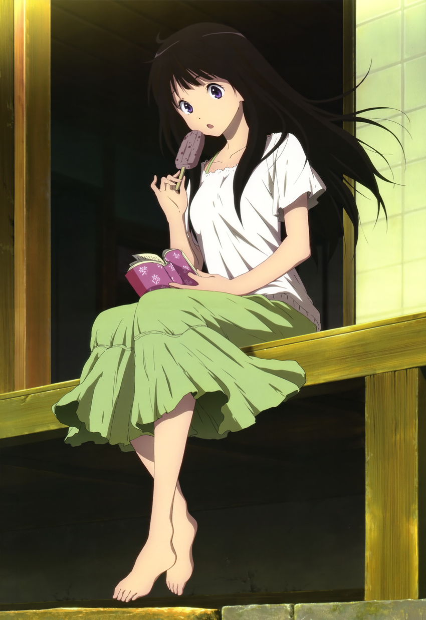 :o absurdres anko_(food) barefoot black_hair book chitanda_eru feet food highres hyouka long_hair nyantype official_art open_book open_mouth pinky_out popsicle porch purple_eyes scan sezaki_rie sitting skirt solo veranda