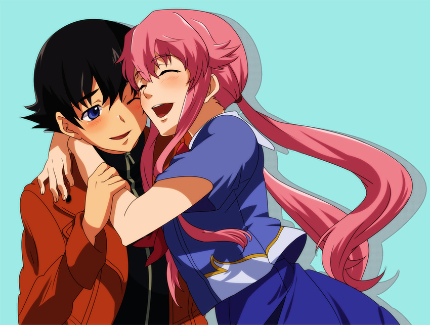 1girl ageha amano_yukiteru black_hair blue_eyes blush couple gasai_yuno happy hetero hug jacket long_hair mirai_nikki open_mouth pink_hair short_hair simple_background