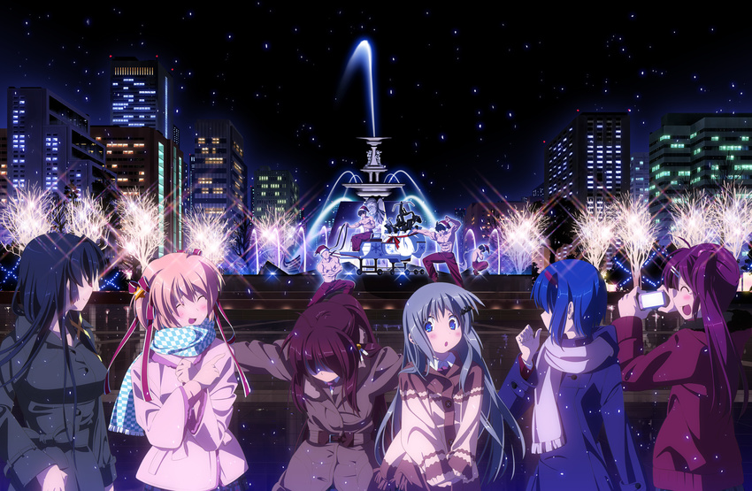 6+girls alternate_costume camera christmas coat fireworks fountain hat inohara_masato k3_(dolphin_brain) kamikita_komari kurugaya_yuiko little_busters! looking_back miyazawa_kengo multiple_boys multiple_girls naoe_riki natsume_kyousuke natsume_rin nishizono_mio noumi_kudryavka sack saigusa_haruka santa_hat scarf shirtless sleigh winter_clothes