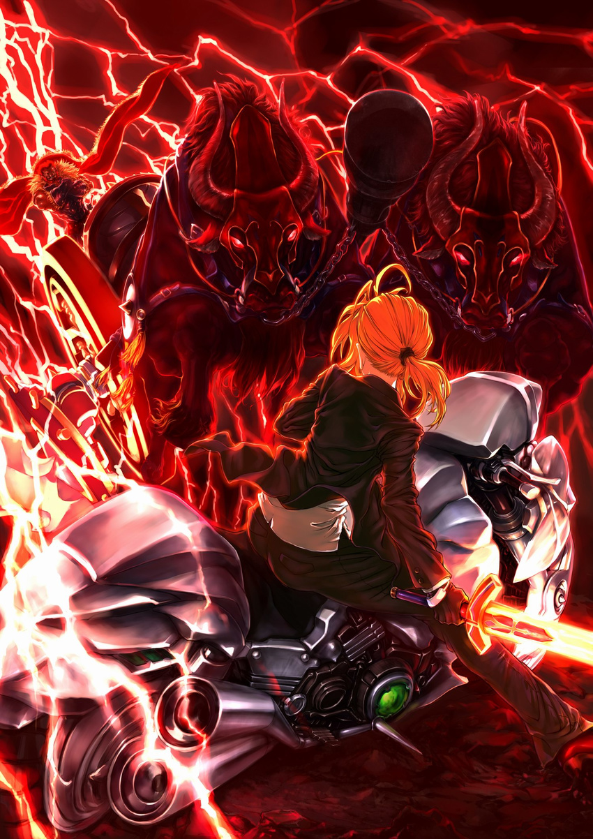 1girl ahoge artoria_pendragon_(all) black_gloves blonde_hair bull cape chariot electricity excalibur fate/zero fate_(series) formal gloves glowing glowing_weapon gordius_wheel ground_vehicle highres jian_huang long_hair motor_vehicle motorcycle pant_suit ponytail red_hair rider_(fate/zero) saber suit weapon