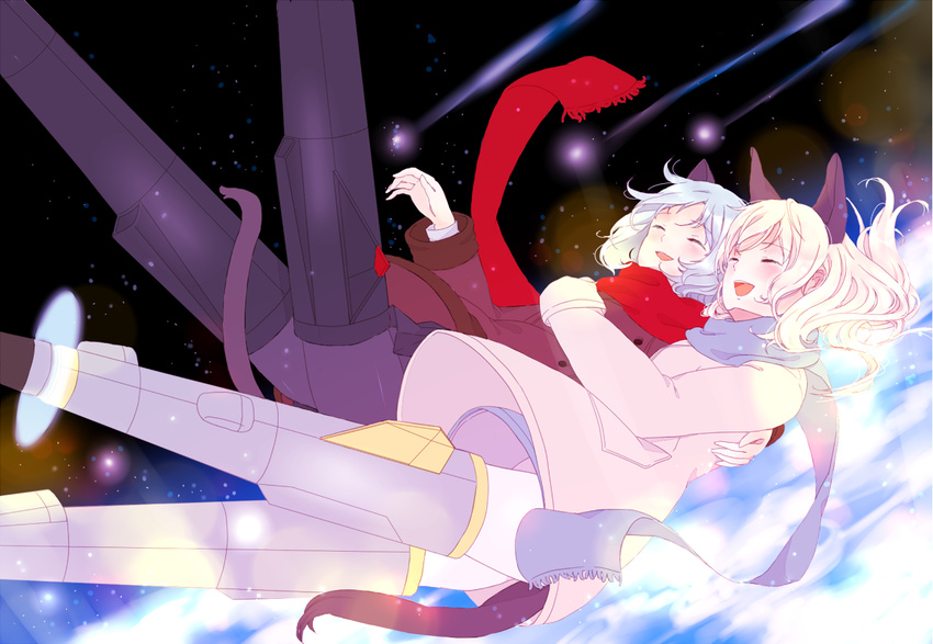 animal_ears bad_id bad_pixiv_id black_legwear blonde_hair blue_scarf blush cat_ears closed_eyes coat earth eila_ilmatar_juutilainen falling hug long_hair multiple_girls open_mouth pantyhose red_scarf saki_hajime sanya_v_litvyak scarf shooting_star short_hair silver_hair smile space star strike_witches striker_unit white_legwear world_witches_series