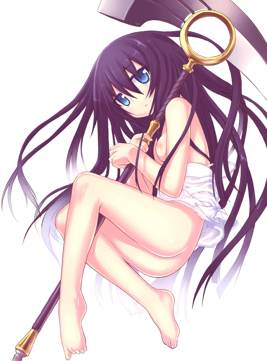 absurdres ar_tonelico ar_tonelico_iii ass barefoot black_hair blue_eyes bottomless breasts feet highres hiraga_matsuri legs long_hair looking_at_viewer nipples no_panties small_breasts solo soma weapon