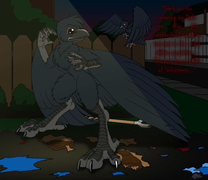 5_fingers anthro avian beak bird black_fur catmonkshiro claws crow english_text feathers feral fur outside red_eyes shovel text toe_claws transformation winged_arms wings