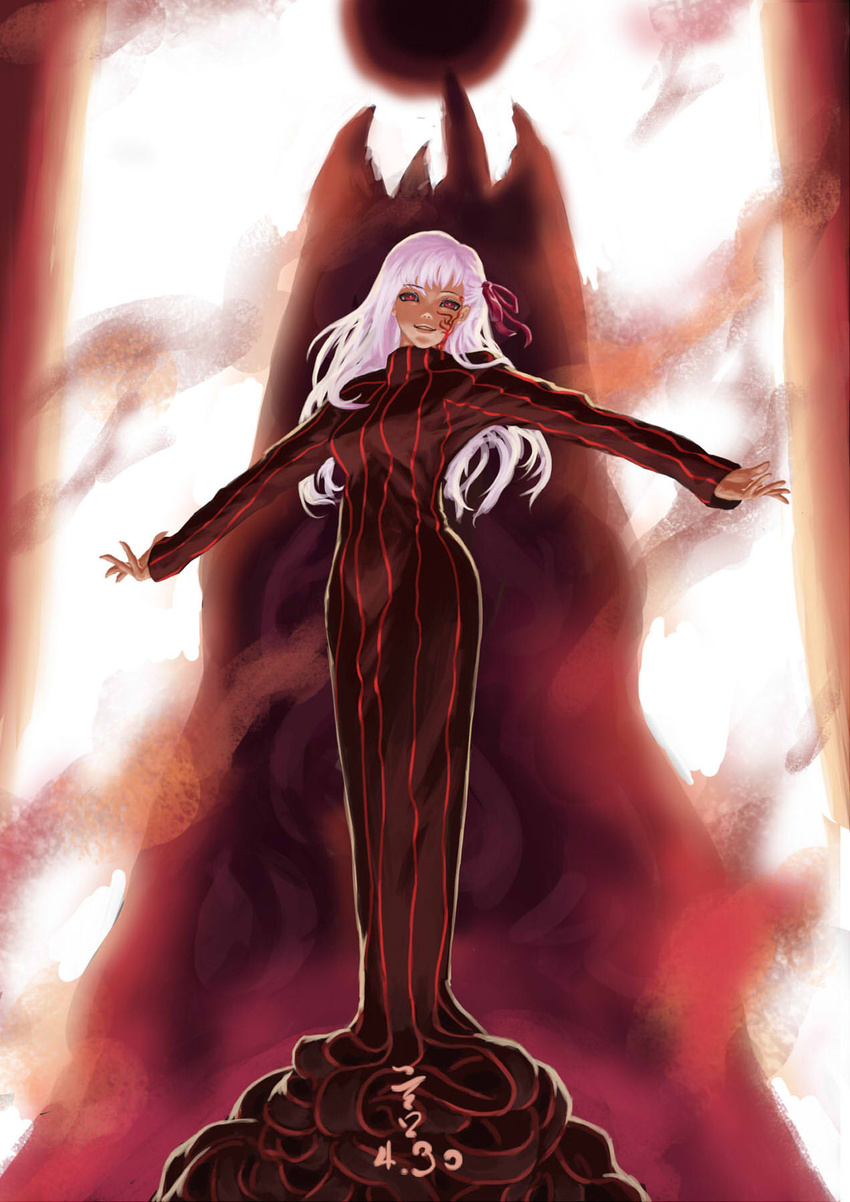 dark_persona dark_sakura fate/stay_night fate_(series) great_grail highres long_hair matou_sakura outstretched_arms pink_hair red_eyes scrap_iron solo spread_arms