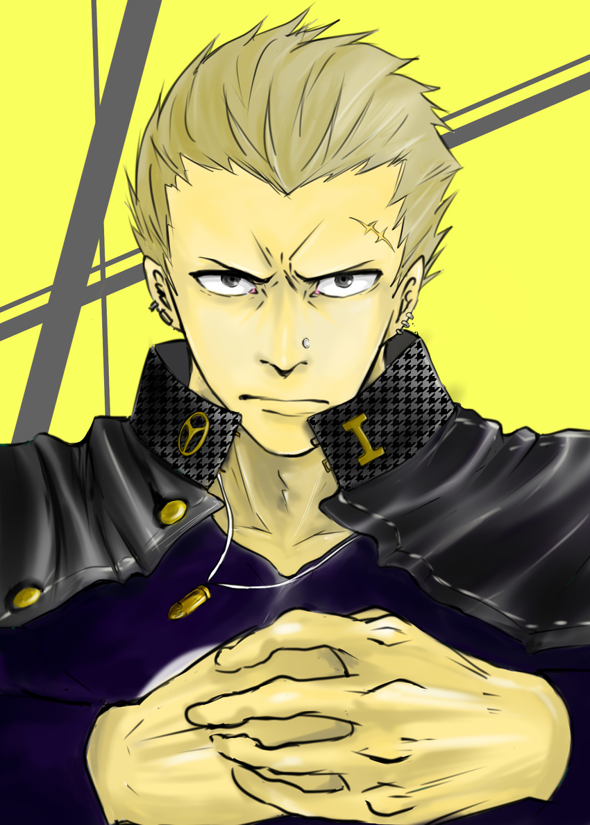 absurdres bad_id bad_pixiv_id barbell blonde_hair bullet cracking_knuckles ear_piercing ebi-g highres jacket jacket_on_shoulders jewelry looking_at_viewer male_focus necklace nose_piercing persona persona_4 piercing scar solo tatsumi_kanji