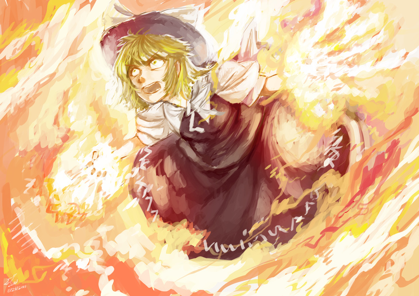 2011 absurdres angry black_dress blonde_hair crazy crazy_eyes dated dress fire hat highres open_mouth shinigami_wyvern short_hair signature solo touhou touhou_(pc-98) yuki_(touhou)