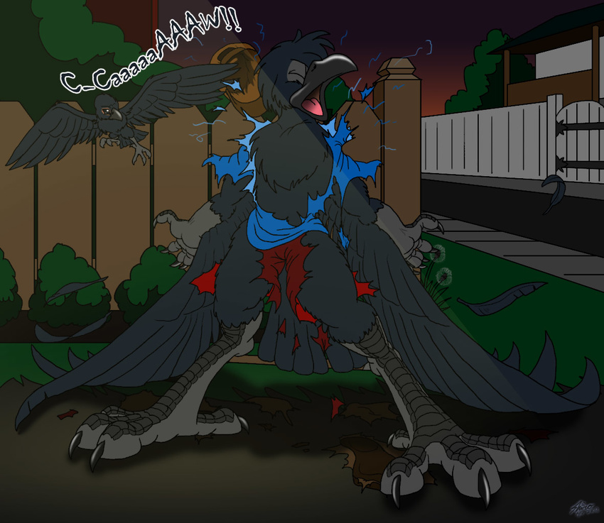anthro avian baseball_cap beak bird black_feathers black_fur catmonkshiro chest_tuft claws clothing crow eyes_closed feathers feral fur hat open_mouth outside pants shirt shovel standing toe_claws tongue torn_clothing transformation tuft winged_arms wings