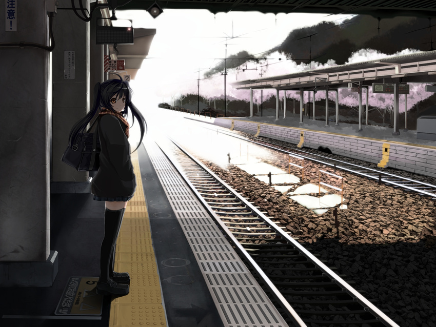amino_dopple bad_id bad_pixiv_id bag black_hair blazer cherry_blossoms from_side hand_in_pocket highres jacket loafers long_hair orange_eyes original outdoors plaid plaid_scarf railroad_tracks rock scarf school_bag school_uniform shoes shoulder_bag sign skirt sky smile solo standing tactile_paving thighhighs train_station tree twintails waiting