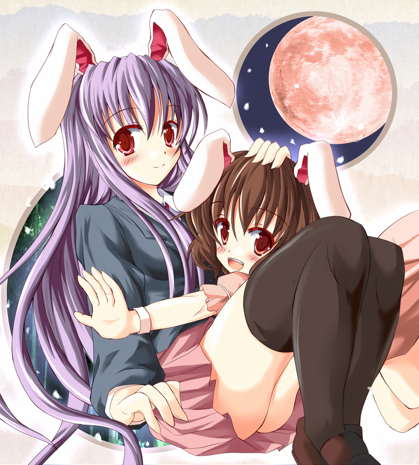 animal_ears ass black_legwear blush brown_hair bunny_ears full_moon hand_on_headwear highres hiiragi_tomoka inaba_tewi jacket long_hair looking_at_viewer moon multiple_girls open_mouth pink_skirt purple_hair red_eyes red_moon reisen_udongein_inaba shirt short_hair skirt smile thighhighs touhou zettai_ryouiki