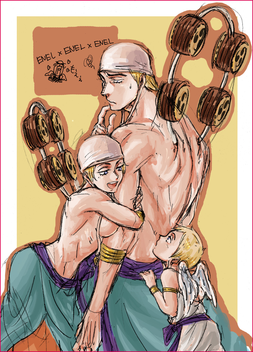 2boys :d arm_hug bandana blonde_hair blue_eyes bracelet breasts character_name enel genderswap genderswap_(mtf) highres hips jewelry kepe medium_breasts mitsudomoe_(shape) multiple_boys multiple_persona muscle nipples one_piece open_mouth short_hair smile sweatdrop time_paradox tomoe_(symbol) wings younger