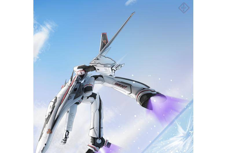 day flying gerwalk highres macross macross_frontier mecha no_humans ocean raybar saotome_alto shield sky variable_fighter vf-25 water watermark