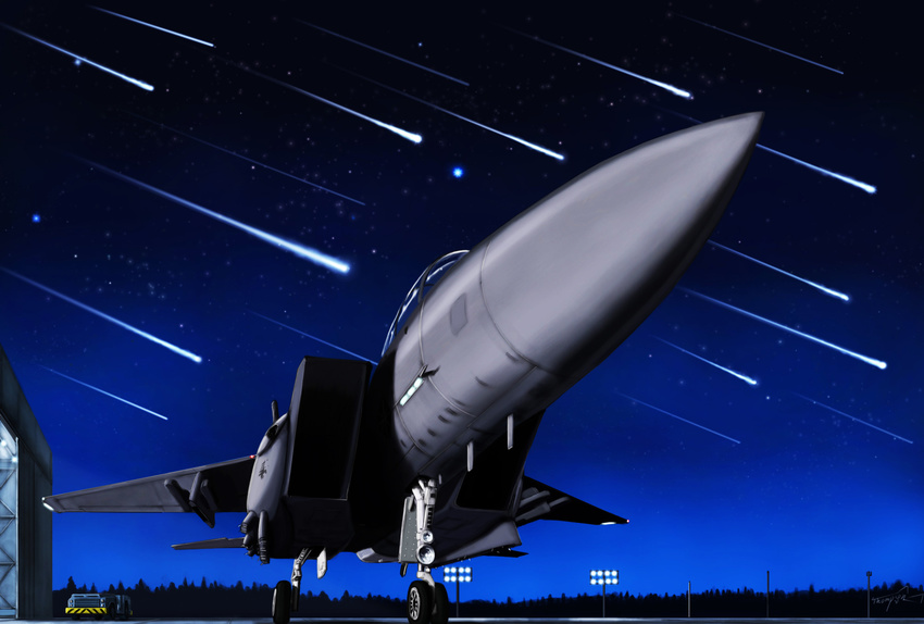 ace_combat_6 aircraft airplane f-15_eagle fighter_jet from_below garuda_1 hangar highres jet military military_vehicle night night_sky no_humans perspective shooting_star sky star_(sky) starry_sky thompson