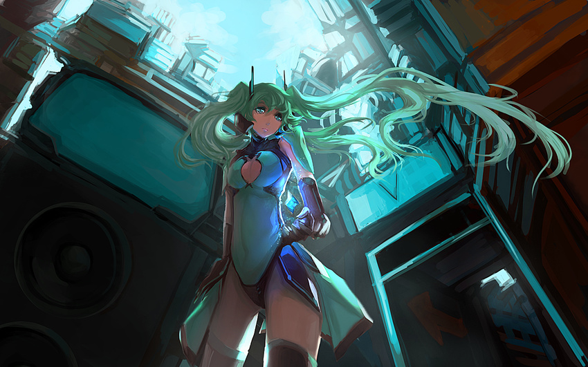 blackrabbitsoul elbow_gloves floating_hair gloves green_eyes green_hair hatsune_miku long_hair solo thighhighs twintails very_long_hair vocaloid wallpaper