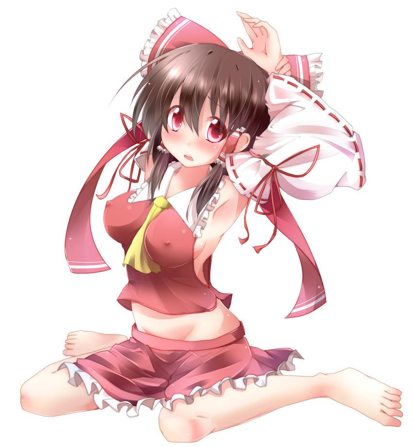 :o absurdres arm_garter armpits arms_behind_head arms_up ascot bare_shoulders barefoot between_breasts black_hair blush bow breasts brown_hair covered_nipples detached_sleeves frilled_ribbon frilled_skirt frills full_body groin hair_between_eyes hair_bow hair_ornament hair_tubes hakurei_reimu highres hips hiro_(pqtks113) long_hair looking_at_viewer medium_breasts midriff no_bra open_mouth puffy_sleeves red red_eyes red_shirt red_skirt ribbon shiny shiny_clothes shiny_skin shirt sideboob simple_background sitting skirt skirt_set solo teeth touhou wariza white_background wing_collar wrist_grab