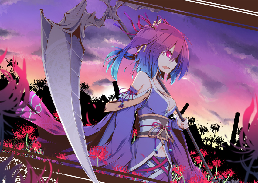 alternate_hairstyle alternate_weapon bare_shoulders breasts cleavage detached_sleeves dutch_angle embellished_costume flower hair_ornament highres ichiyan japanese_clothes large_breasts obi onozuka_komachi ponytail red_eyes red_hair sash scythe short_hair solo sunset touhou weapon