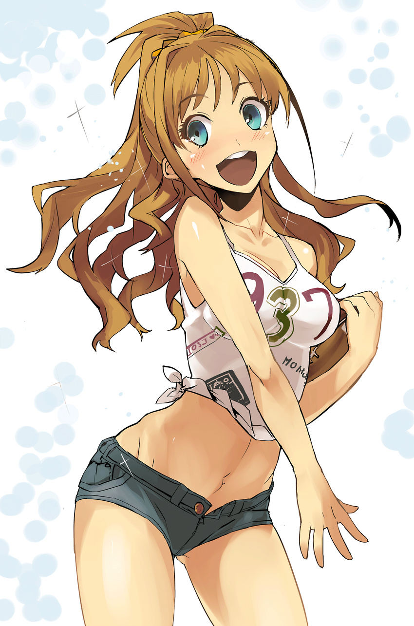 blue_eyes breasts brown_hair cleavage cowboy_shot denim denim_shorts football_(object) highres hino_akane_(idolmaster) idolmaster idolmaster_cinderella_girls kusanagi_kaoru long_hair medium_breasts midriff open_clothes open_mouth open_shorts shirt short_shorts shorts smile solo tank_top tied_shirt