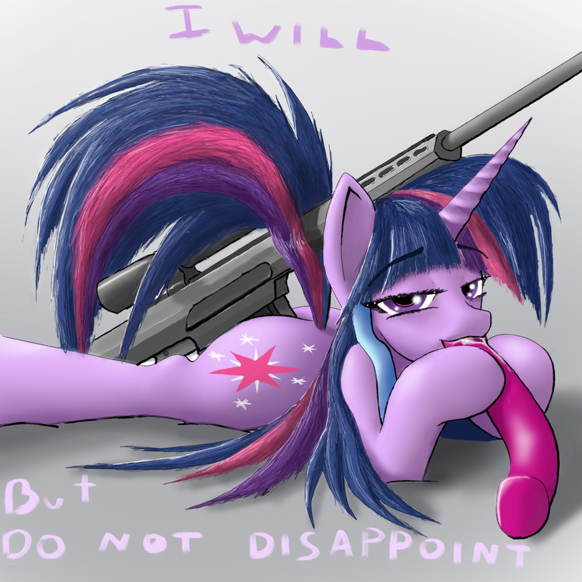 cutie_mark dildo equine female feral friendship_is_magic gun horn looking_at_viewer mammal my_little_pony ranged_weapon sex_toy sniper_rifle solo twilight_spankle twilight_sparkle_(mlp) unicorn weapon