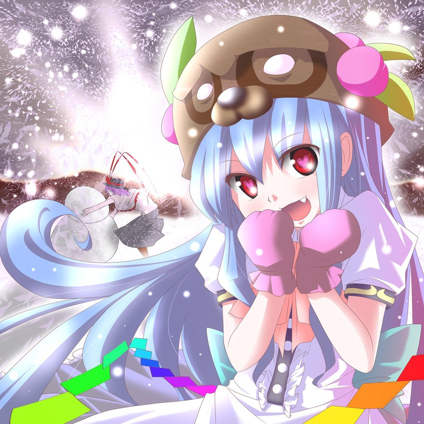 blue_hair capelet food fruit hat hat_ribbon heart heart-shaped_pupils highres hinanawi_tenshi mittens multiple_girls nagae_iku open_mouth peach purple_hair ramutaizumu red_eyes ribbon short_hair skirt smile snow symbol-shaped_pupils touhou