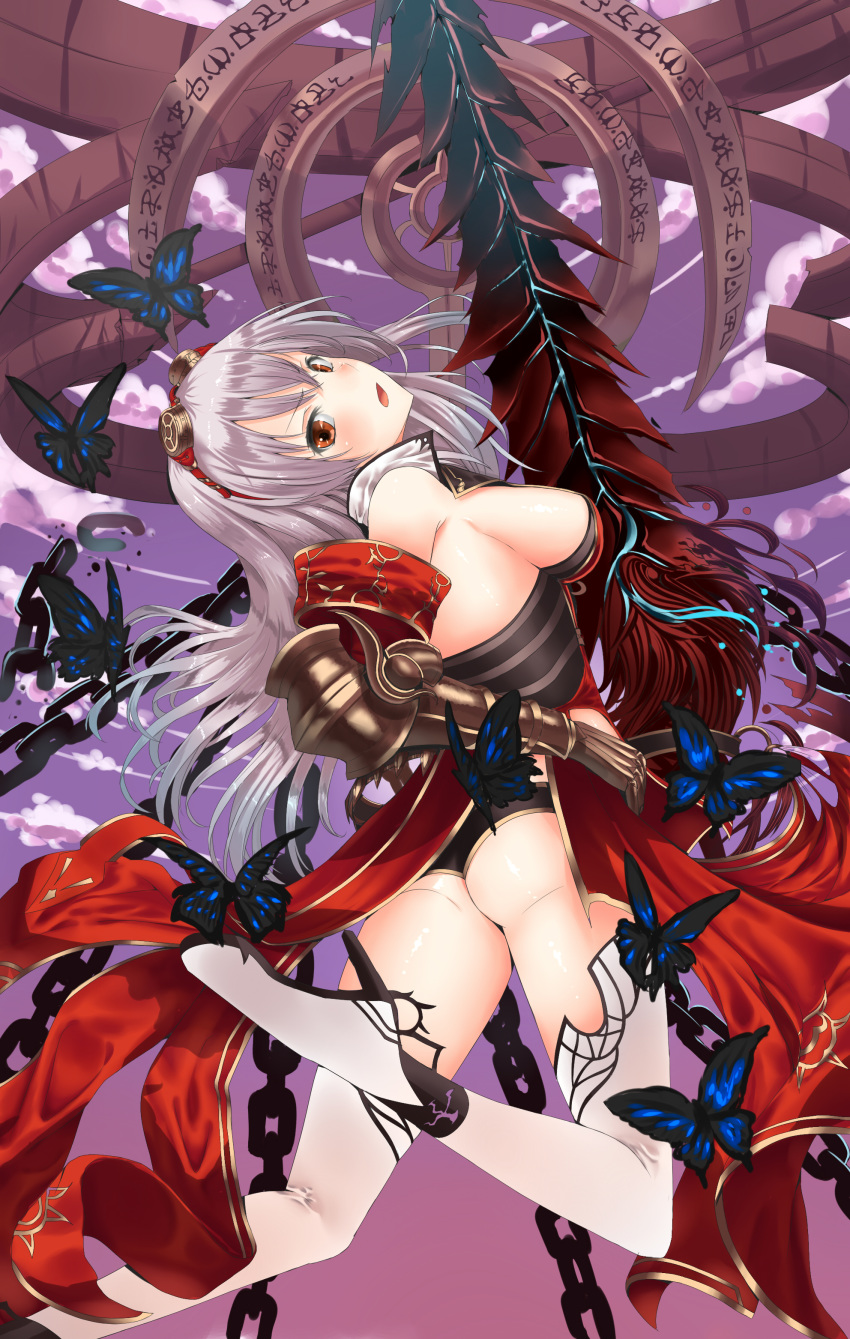 armor arnas_(yoru_no_nai_kuni) artist_request ass bare_shoulders blush boots breasts brown_eyes bug butterfly from_behind gauntlet goggles goggles_on_head high_heel_boots high_heels insect large_breasts long_hair looking_at_viewer looking_back open_mouth shiny shiny_clothes shiny_hair shiny_skin short_shorts shorts sideboob silver_hair solo sword thigh_boots thighhighs very_long_hair weapon yoru_no_nai_kuni